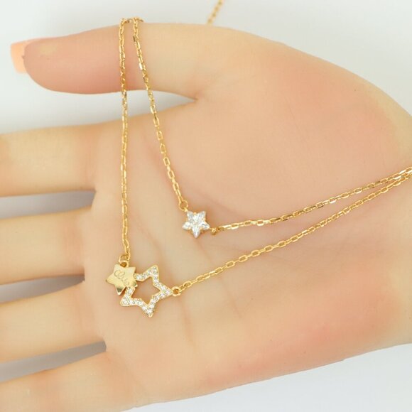"Double-Layered Rose Gold Necklace with Sparkling Star Charms, XPNL0152 - Picture 2 of 14